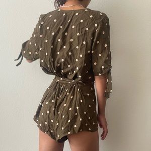 Chocolate Polka dot romper shorts jumpsuit with tie, faithful the brand S